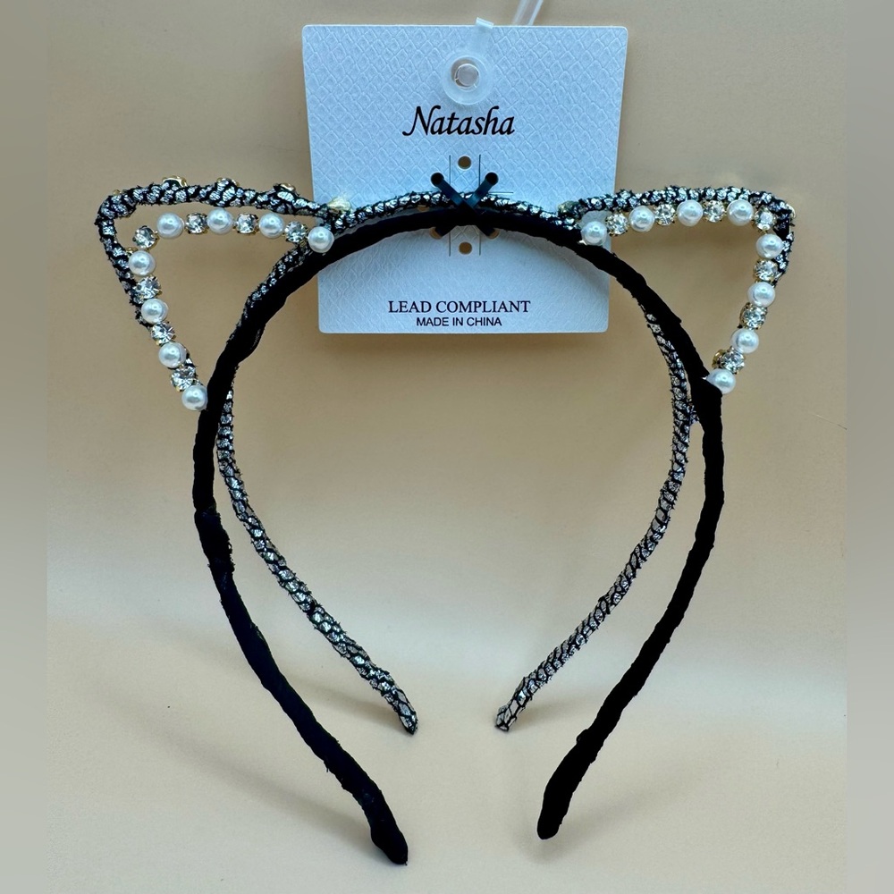 Natasha 2-Piece Cat Ear Headband Set Black Gold Rhinestones Pearls